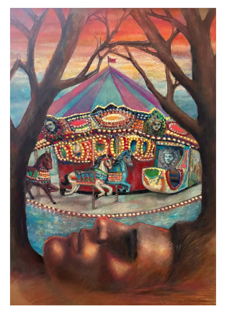 Oil pastel and oil paint 18 x 24 inches  Artist Statement:  Dream the Impossible blends memory and imagination. The carousel represents childhood wonder and the cycles of life, emerging from a dreamlike face as if pulled straight from the subconscious.