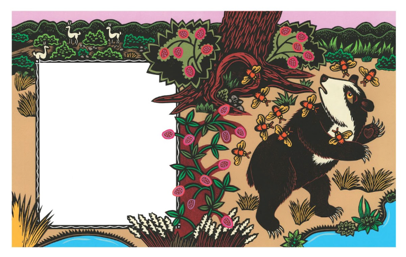 Collage of hand-printed original linocuts 8.5 x 17 inches  This image is from the children's book "Told and Retold, Around the World with Aesop's Fables" retold and illustrated by me and published by Philomel Books in 2022. Nine familiar fables are each presented in a specific location, The Bear and The Bees episode takes place in Peru.  I love the visual patterns and rhythms designed by nature and make a lot of relief prints inspired by my surroundings. 