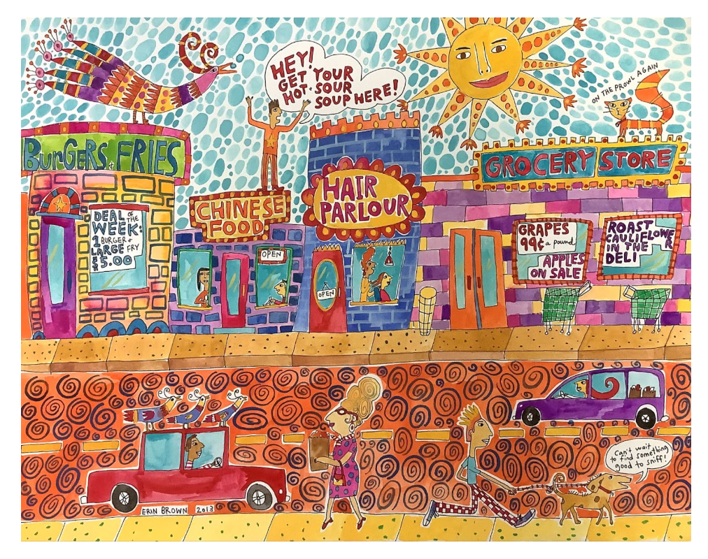 Brightly colored illustration of a city scene