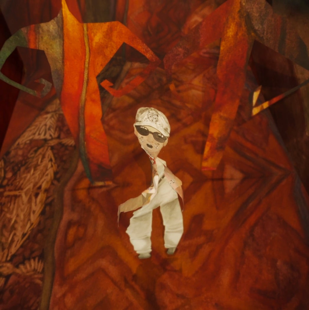An image of Alice a 2D girl made of paper looking behind her