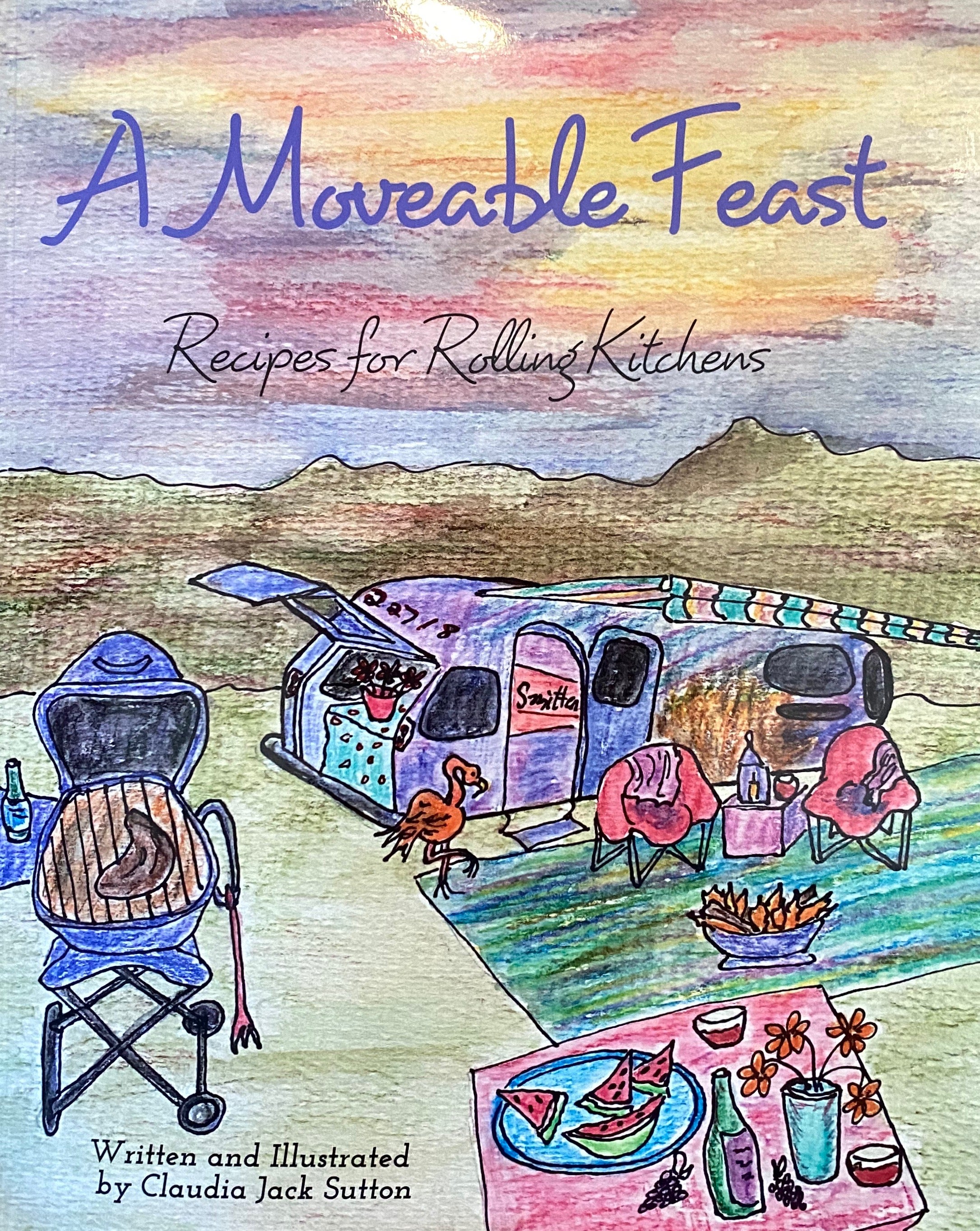 The cover of "A Moveable Feast" by Claudia Sutton. It features a scene with an outdoor barebecue and picnic.