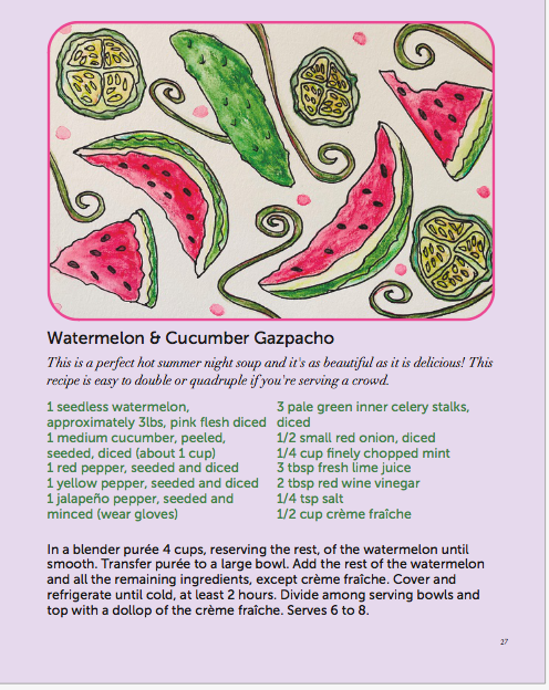 A page from the cookbook A Moveable Feast for a Watermelon-Cucumber Gazpacho.