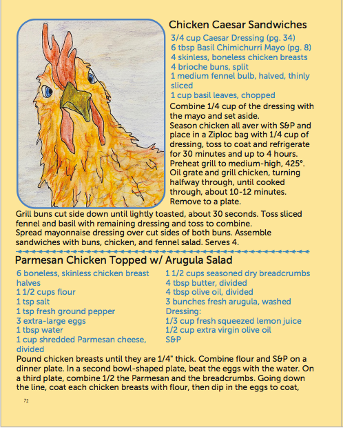 A page from the cookbook A Moveable Feast with a recipe for Chicken Caesar Sandwiches.