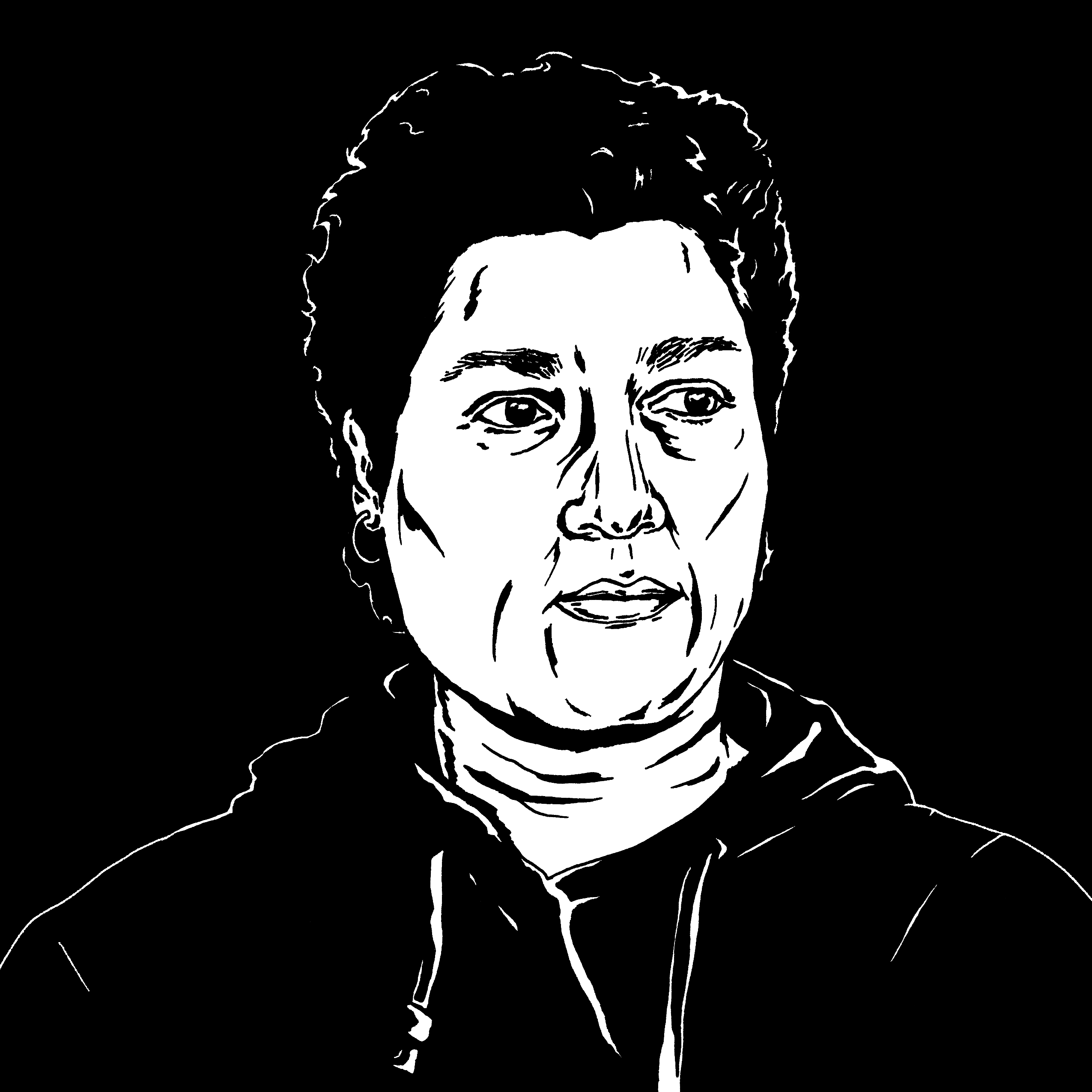 Huma Bhabha black and white portrait illustration