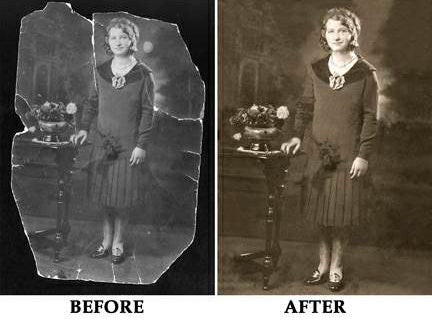 Before and after photos of historic photo restoration.